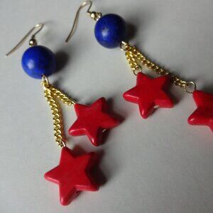 Kriaytions Blue and Red Star Drop Earrings NEW